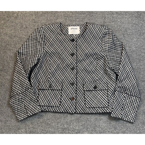 SPANX Womens Size XL Ponte Lady Jacket Stretch Jacquard Black Plaid Blazer NEW - Picture 2 of 12